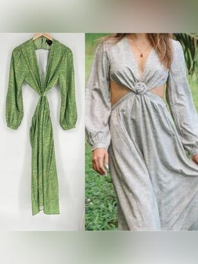 NWT‎ Lexbreezy Hawaii Tatiana Green Long-Sleeve Knot Front Maxi Dress